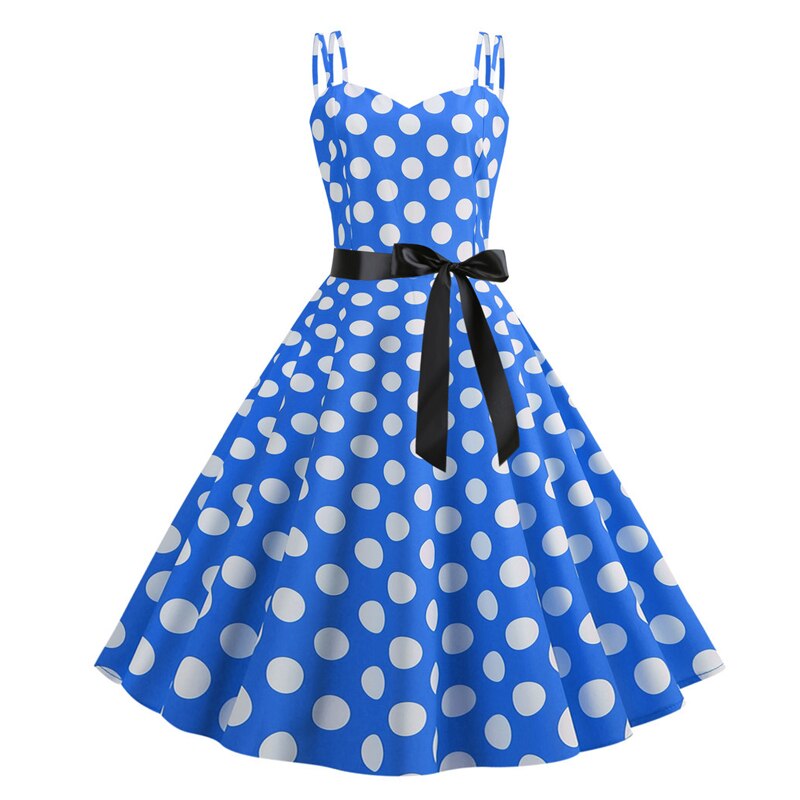 Pinup 50S Vintage Spaghetti Strap Polka Dot Summer Dress with Belt Women Fit and Flare Casual Swing Dresses