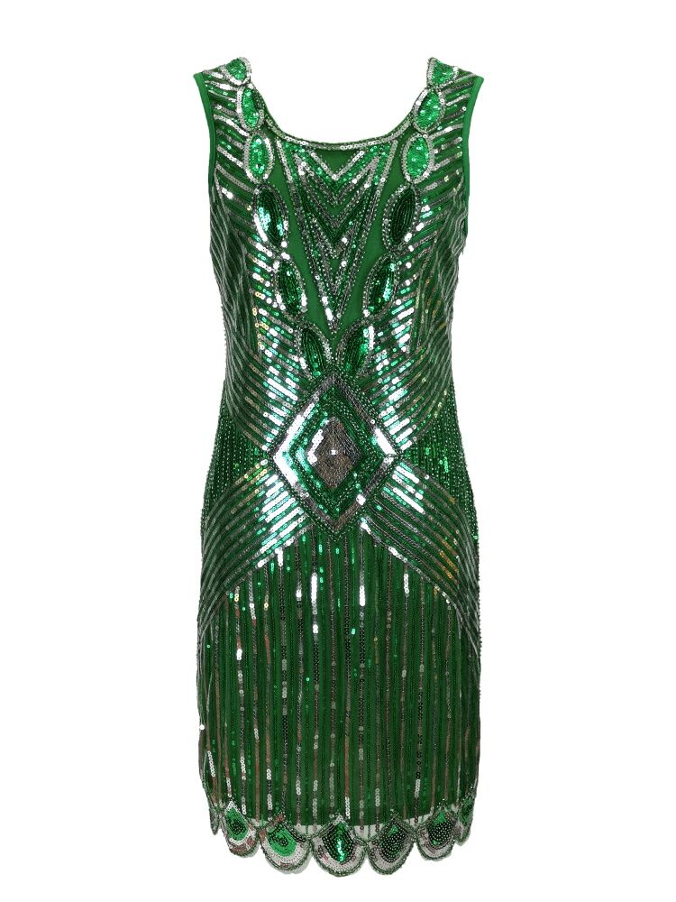 1920s Gatsby Sequin Art Deco Scalloped Hem Inspired Flapper Dress Vintage O-neck Sleeveless Hollow Out Back Party Dress