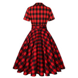 Red and Black Plaid Vintage Button Up Cotton Women Short Sleeve Belted A Line Rockabilly Dress