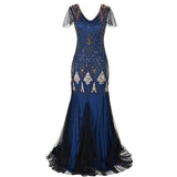 Formal Retro 1920s Sequin Evening Dress V-Neck Short Sleeve Mesh Bead Fishtail Skirt