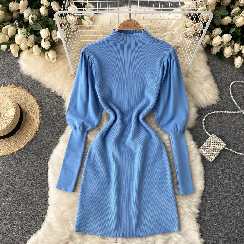 Autumn Winter Mini Dresses For Women Elegant Mock Neck Puff Sleeve Knitted Dress Solid Ribbed Sexy Bodycon Dress