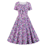 Floral Print Women Summer Casual Short Sleeve Bowknot Robe Pin Up Swing Retro Vintage Dresses