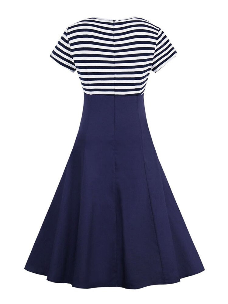 A-Line Striped Vintage Buttons Short Sleeve Summer High Waist Women Patchwork Dresses