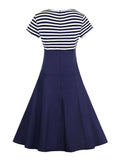 A-Line Striped Vintage Buttons Short Sleeve Summer High Waist Women Patchwork Dresses