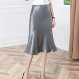 Elegant Office Long Women Midi High Waisted Vintage Silk Satin Korean Style OL Slim Ladies Midi Skirts