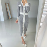 Long Sleeve Knitted Winter Elegant Office Lady V Neck Button Up Houndstooth Midi Bodycon Dress