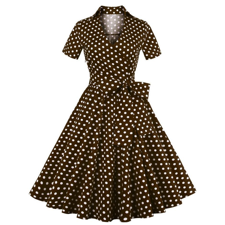 2021 Polka Dot Print Turn-down V Collar Midi Tunic Dress Summer Rockabilly Belt 50s Short Sleeve A Line Casual Dresses For Women