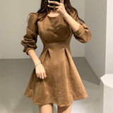 Vintage Faux Suede Dress Autumn Winter Casual Crew Neck Long Sleeve Mini Dress