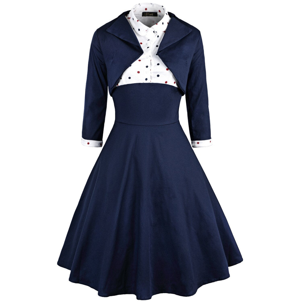 50s 60s Two Pieces Set Women 2021 Autumn 3/4 Sleeve Polka Dot Print Vintage Rockabilly Pin Up Ladies Party dresses With Belt 3XL