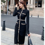 Fashion Autumn Vintage Female Stretch Midi Party Dress Ladies Elegant Streetwear Long Sleeve Bodycon Button Black Dress