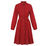 Single Breasted Casual Turn-Down Collar Red Shirt Polka Dot Belted Office Lady Long Sleeve Autumn Dress