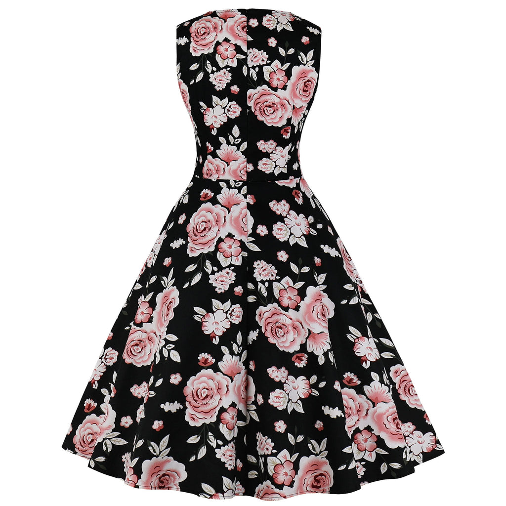 Black Floral Women Summer Tunic Dress 50S 60S Clothing Audrey Hepburn Robe Retro Swing Casual Vintage Rockabilly Dresses Vestido