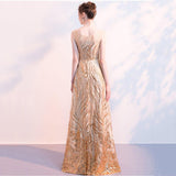 Luxury Long Evening Dress Rose Gold Sleeveless Vestido Sequins Dinner Gowns O-neck A-line Formal Party Prom Gowns