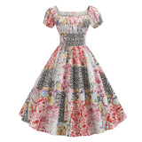 Square Neck Ruched High Waist Vintage Multicolor Floral Women Pleated Dress Short Sleeve Summer Rockabilly Swing Dresses