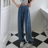 Women High Waist Casual Jeans Korean Style Vintage Striped Loose Wide Leg Denim Pants