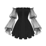 Gothic Sexy Dress Vintage Off Shoulder Lanter Sleeve Mesh Patchwork Velvet Mini Dress Dark Street Grunge Black Dress For Female