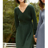 Spring Women High Waist V-Neck Long Sleeve Knitted Solid Slim A-Line Dress