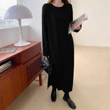 Crew Neck Long Sleeve Basic Casual Knitted Dress Fall Winter Side Slit Elegant Loose Midi Dress