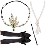 4pcs/set 1920s Flapper Accessories Set Rhinestone Headpiece Pearl Knot Necklace Bracelet with Cigarette Holder