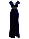 Nightclub Women's New Floor Length Evening Dress Sexy High Split Prom Gown Cap Sleeve Beading Empire Back velour Formal Dress