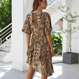 Leopard Deep V-Neck Women Short Sleeve Irregular Loose Elegant Sexy Dress