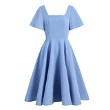 Square Neck 50s Vintage Blue Elegant Solid Swing Women Short Sleeve Summer New Retro Plain Dress