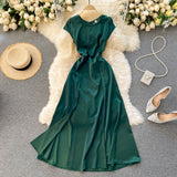 Chic Clothing Office Lady Vintage Elegant Dress Sexy Back Cut Out Satin Midi Dress With Slit