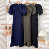 Elegant Wrap Woman V Neck Short Sleeve Solid Color Casual Belted Midi Dress