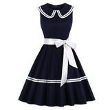 Navy Blue Contrast Striped Ribbon Elegant Cotton Sleeveless 50S Retro A Line Vintage Swing Dress