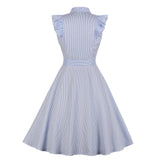 Blue Striped Shirt Ruffle Sleeve High Waist Robe Pin Up Swing Elegant Office Ladies Dress