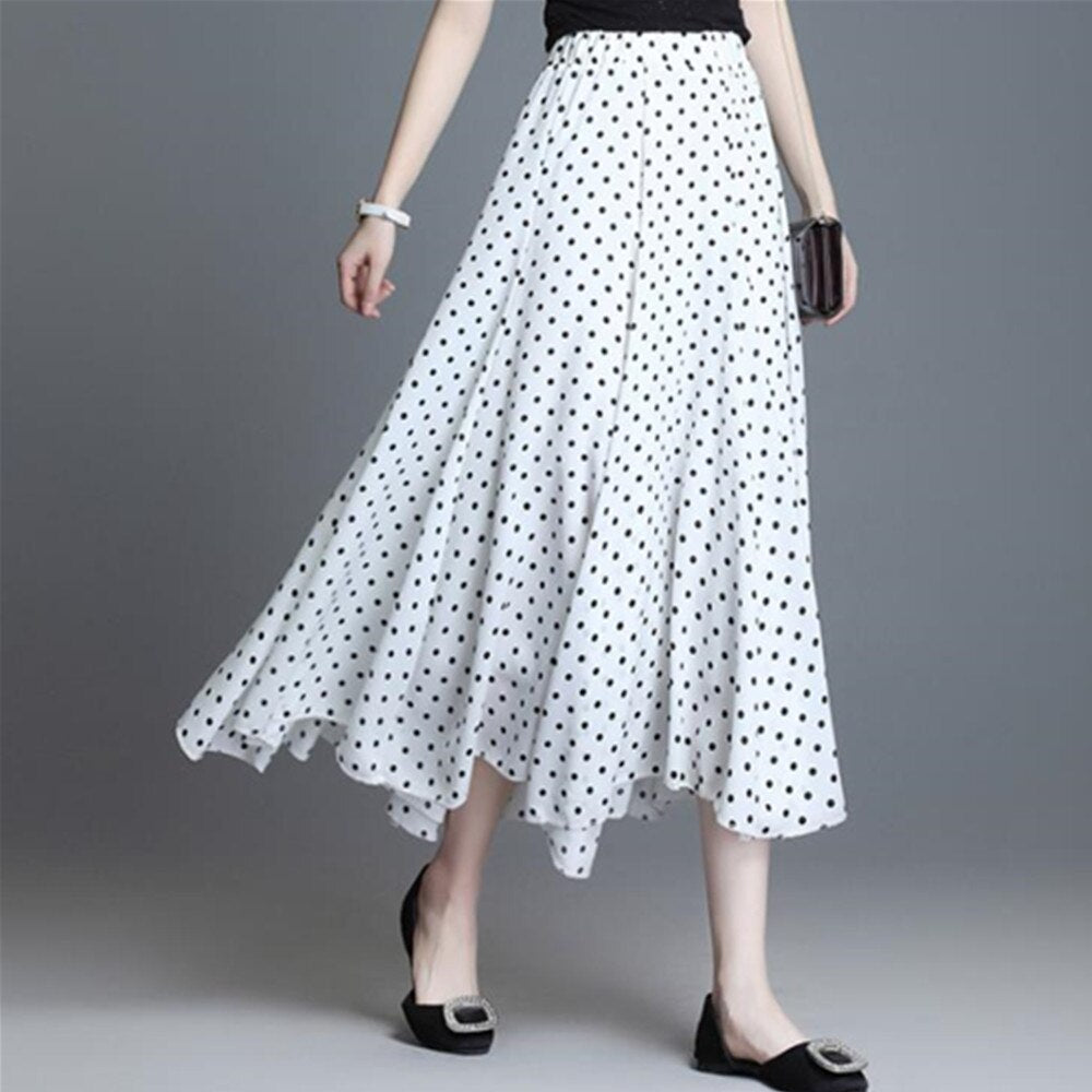Vintage Polka Dot A-line Pleated Long Summer Women Korean Streetwear Elastic Waist Midi Skirt