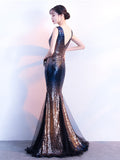 Sleeveless V-neck Evening Dress Black-Burgundy Mermaid Formal Party Dresses Shinning Sequins Floor-length Prom Gowns Backless