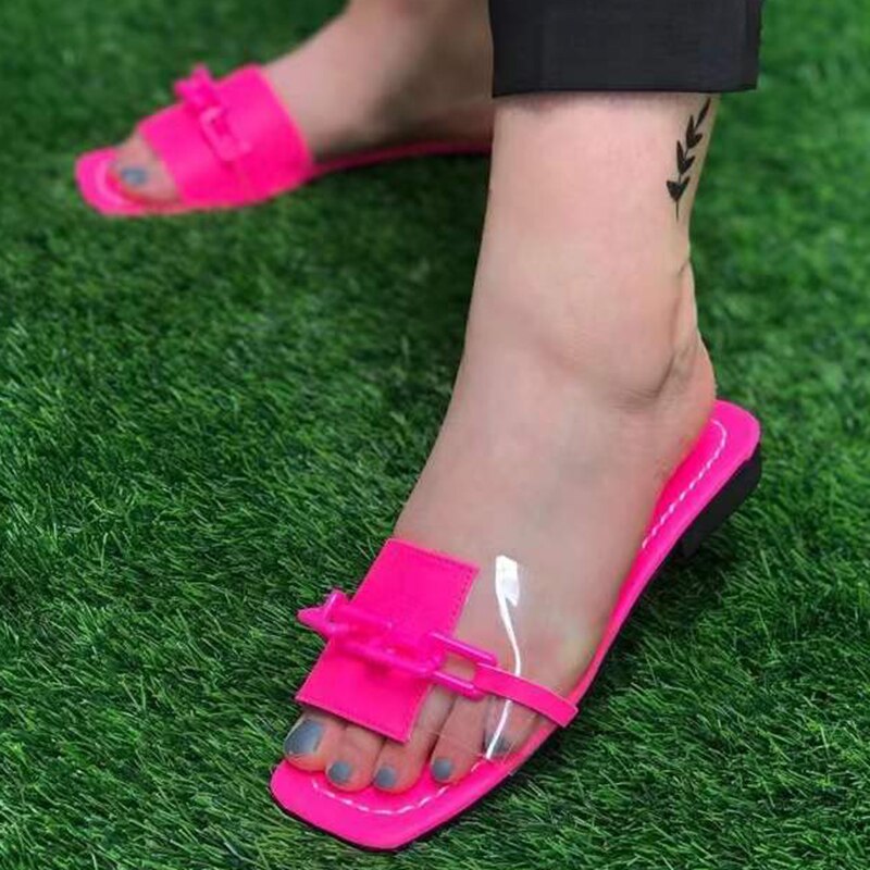 Patchwork Transparent PVC Slippers Women Summer Metal Chain Open Toe Casual Sandals Woman Outdoor Beach Flip Flops