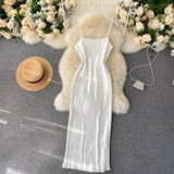 Sleeveless Summer Spaghetti Strap Sexy Shimmer Satin Elegant Party Ladies Slim Pleated Midi Dress