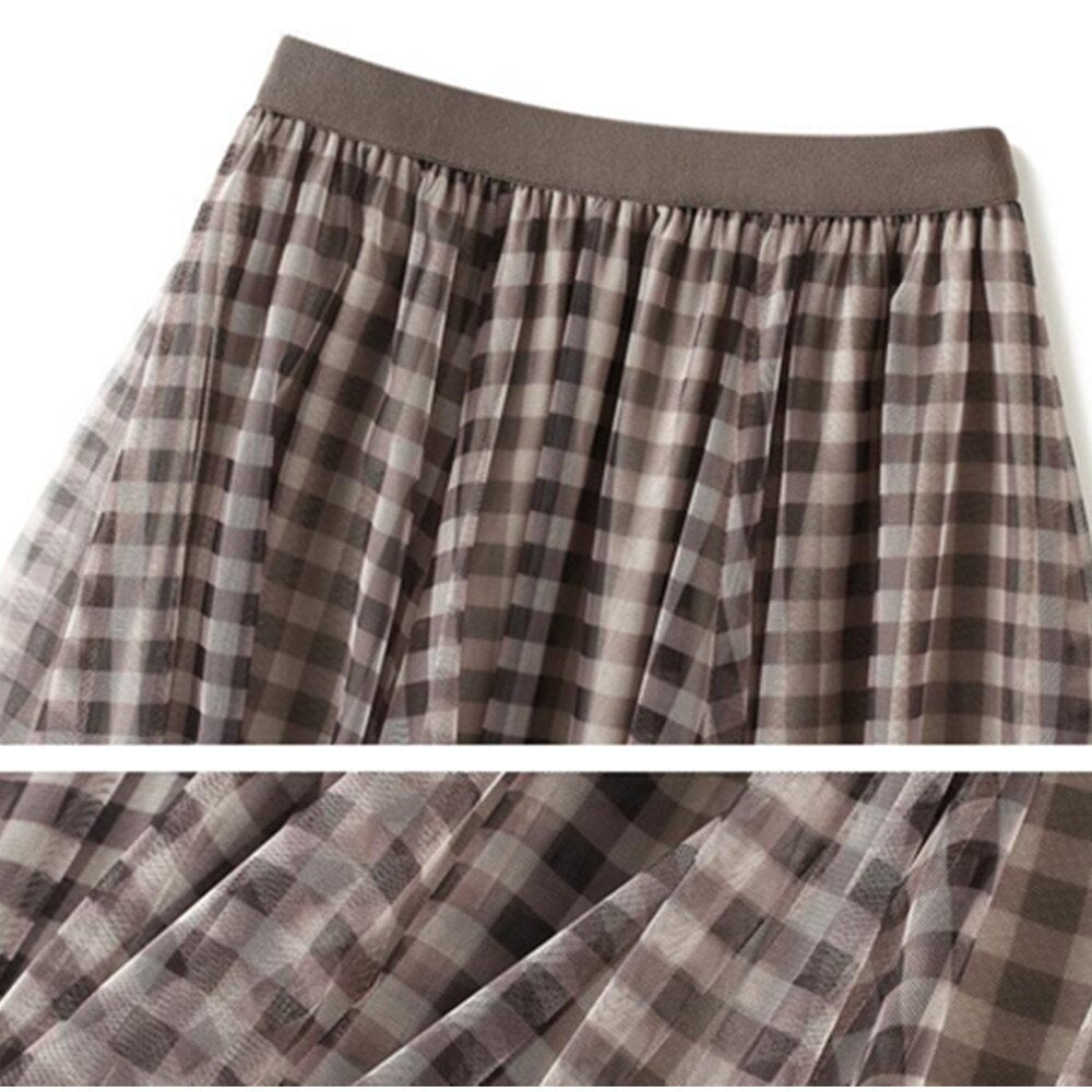 Plaid Summer Women Long Vintage Stretch High Waist A-Line Tulle Maxi Skirt