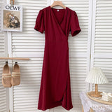 Elegant Wrap Woman V Neck Short Sleeve Solid Color Casual Belted Midi Dress