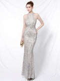 New Sliver Party Evening Dress Elegant Off Shoulder Long Sequin Evening Dress