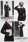 Spring Women High Waist V-Neck Long Sleeve Knitted Solid Slim A-Line Dress