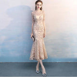 Gold Mermaid Evening Dress Half-Sleeve Embroidery Tulle Floor-length Prom Gown Elegant O-neck Party Robe customized Women Dress