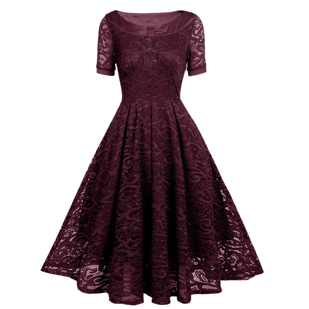 Elegant Lace Solid A Line Midi Cocktail Dress For Women Big Swing Short Sleeve Vintage Dresses Causal Party Dating Retro Robe