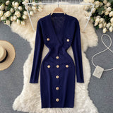 Autumn Winter Long Sleeve Office Elegant Knitted Dress Women Button Embellished Deep V Neck Sexy Mini Bodycon Dress