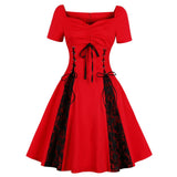 1950s Plus Size Vintage Off Shoulder Cotton Lace Up Patchwork Robe Pin Up Swing Red Black Casual Dresses