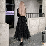 Gothic Black Dress Women Party One Piece Dress Korean Pure Collor Slim Y2k Midi Dress Retro Elegant 2021 Winter Long Sleeve Chic