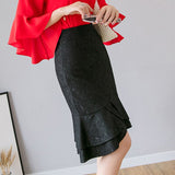 Fish Tail Lace Sexy Skirts Women's  Fashion Vintage High-Waist Office  Plus-Size Bag Swallow Tail Lotus leaf edge One pace Skirt
