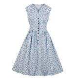 Floral Print Vintage Sleeveless High Waist Button Robe Pin Up Swing Casual Dresses