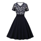 Navy Blue Lace Formal Short Sleeve Patchwork High Waist Robe Pin Up Swing Evening Party Dresses