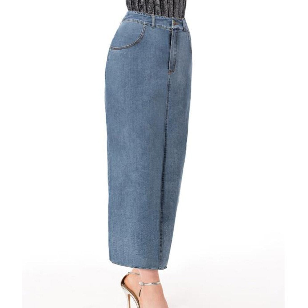 Muslim Jean Denim Women Long Maxi Skirts High Waist Stretchy Bodycon Solid Summer Skirt