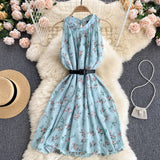 Beach Chiffon Floral Summer Dress Round Neck Sleeveless Casual Mini Dress With Belt