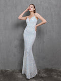 Spaghetti Strap Sleeveless Party Dress Shinning Color Sequins Prom Dress Mermaid Slim Floor Length