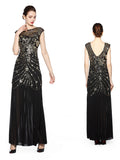 New 1920S Sequined Evening Dress Hand beads Floor length Party Dress Cap Sleeve Tulle Mermaid Formal Dress Black Gold Pink Gown